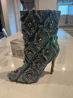 Crystal-Embellished Denim Ankle Boot - Blue